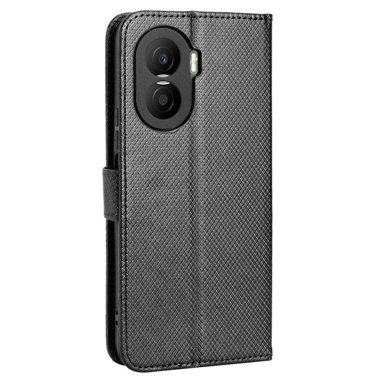 For Honor X40i 5G / Play7T Pro 5G Drop-proof Phone Flip Wallet Case Well-protected Diamond Texture PU Leather Cover Stand Card Holder with Wrist Strap - Black
