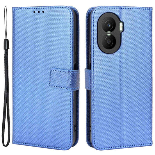 For Honor X40i 5G / Play7T Pro 5G Drop-proof Phone Flip Wallet Case Well-protected Diamond Texture PU Leather Cover Stand Card Holder with Wrist Strap - Blue