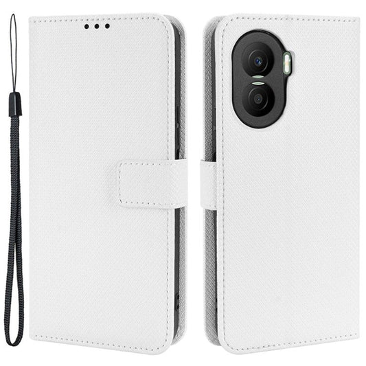 For Honor X40i 5G / Play7T Pro 5G Drop-proof Phone Flip Wallet Case Well-protected Diamond Texture PU Leather Cover Stand Card Holder with Wrist Strap - White