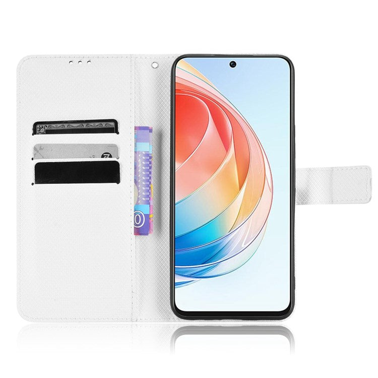 For Honor X40i 5G / Play7T Pro 5G Drop-proof Phone Flip Wallet Case Well-protected Diamond Texture PU Leather Cover Stand Card Holder with Wrist Strap - White