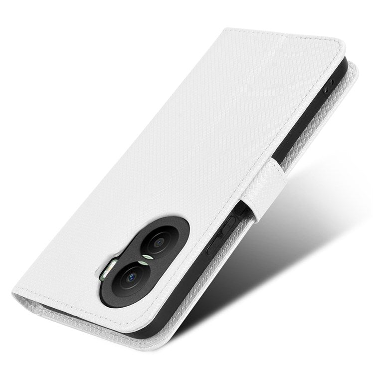 For Honor X40i 5G / Play7T Pro 5G Drop-proof Phone Flip Wallet Case Well-protected Diamond Texture PU Leather Cover Stand Card Holder with Wrist Strap - White
