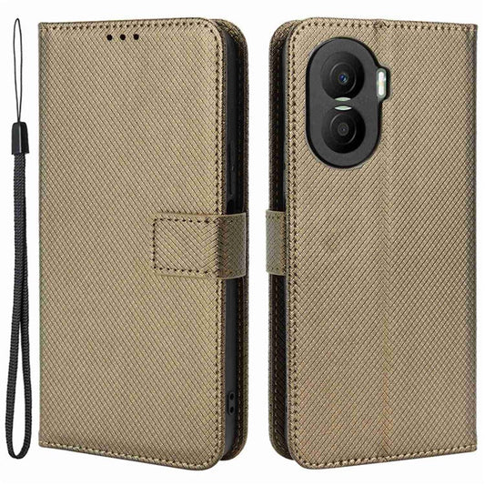 For Honor X40i 5G / Play7T Pro 5G Drop-proof Phone Flip Wallet Case Well-protected Diamond Texture PU Leather Cover Stand Card Holder with Wrist Strap - Brown