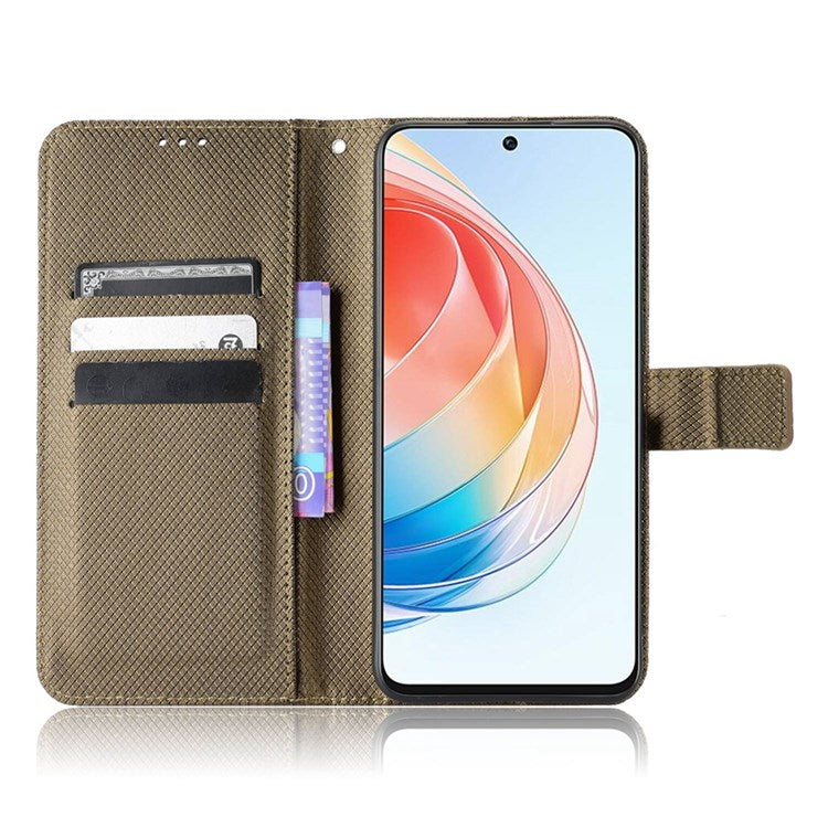 For Honor X40i 5G / Play7T Pro 5G Drop-proof Phone Flip Wallet Case Well-protected Diamond Texture PU Leather Cover Stand Card Holder with Wrist Strap - Brown