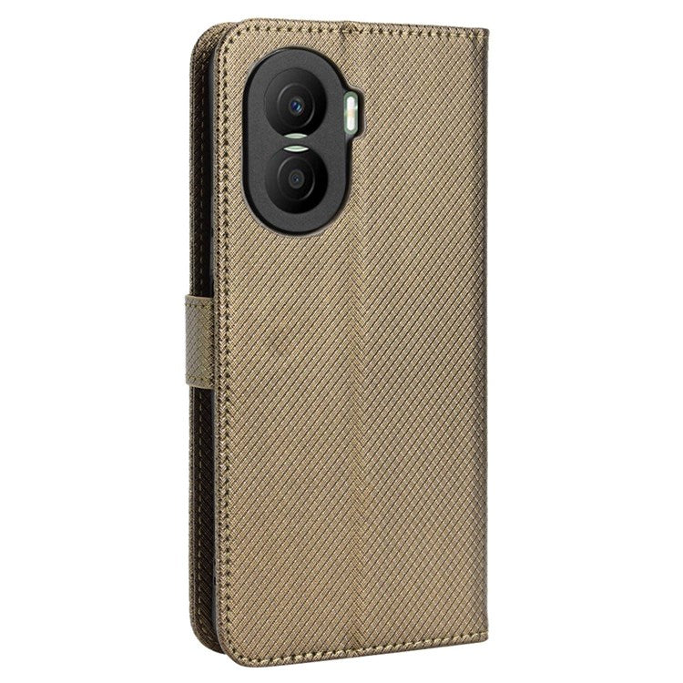 For Honor X40i 5G / Play7T Pro 5G Drop-proof Phone Flip Wallet Case Well-protected Diamond Texture PU Leather Cover Stand Card Holder with Wrist Strap - Brown