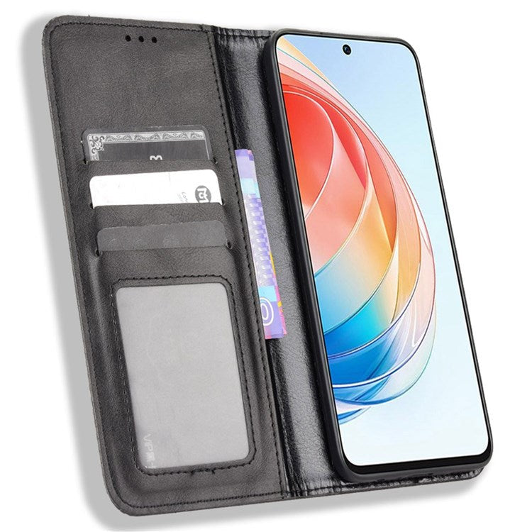 For Honor X40i 5G / Play7T Pro 5G Auto Closing Magnetic Folio Flip Retro PU Leather Wallet Case Stand Function Phone Shell Cover - Black