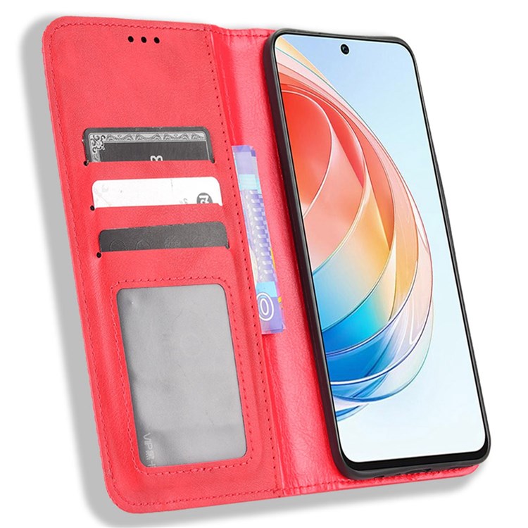 For Honor X40i 5G / Play7T Pro 5G Auto Closing Magnetic Folio Flip Retro PU Leather Wallet Case Stand Function Phone Shell Cover - Red