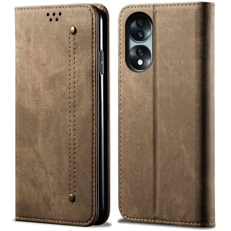For Honor 70 5G Shockproof Phone Case Jeans Cloth Texture PU Leather Auto Magnetic Closed Flip Wallet Stand Cover - Khaki