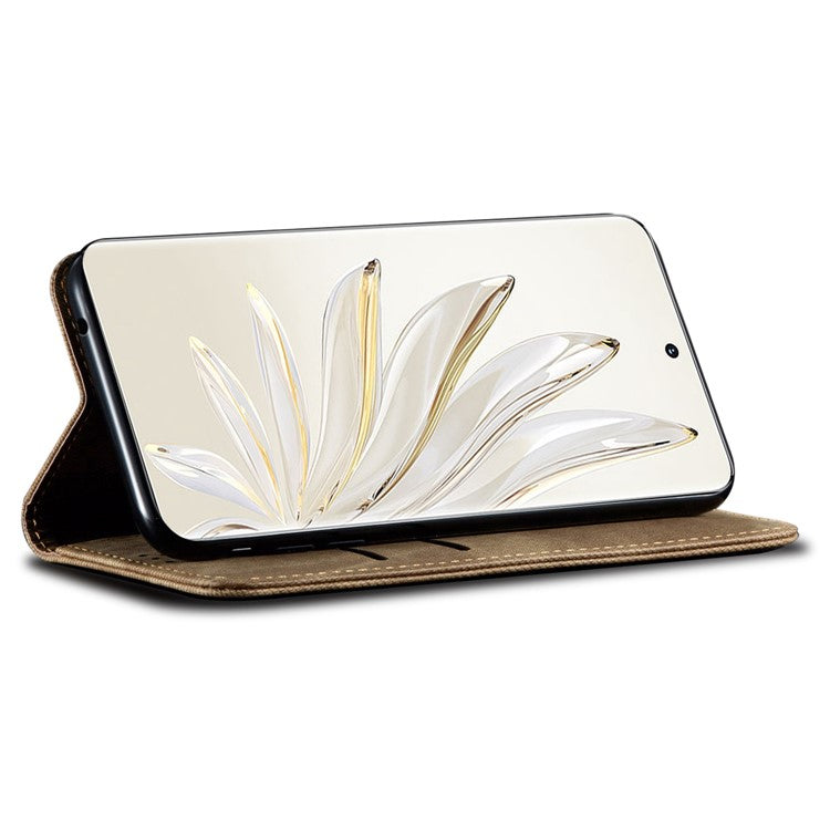 For Honor 70 5G Shockproof Phone Case Jeans Cloth Texture PU Leather Auto Magnetic Closed Flip Wallet Stand Cover - Khaki