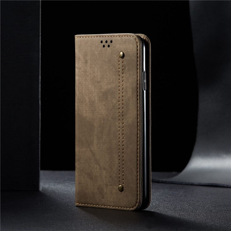 For Honor 70 5G Shockproof Phone Case Jeans Cloth Texture PU Leather Auto Magnetic Closed Flip Wallet Stand Cover - Khaki