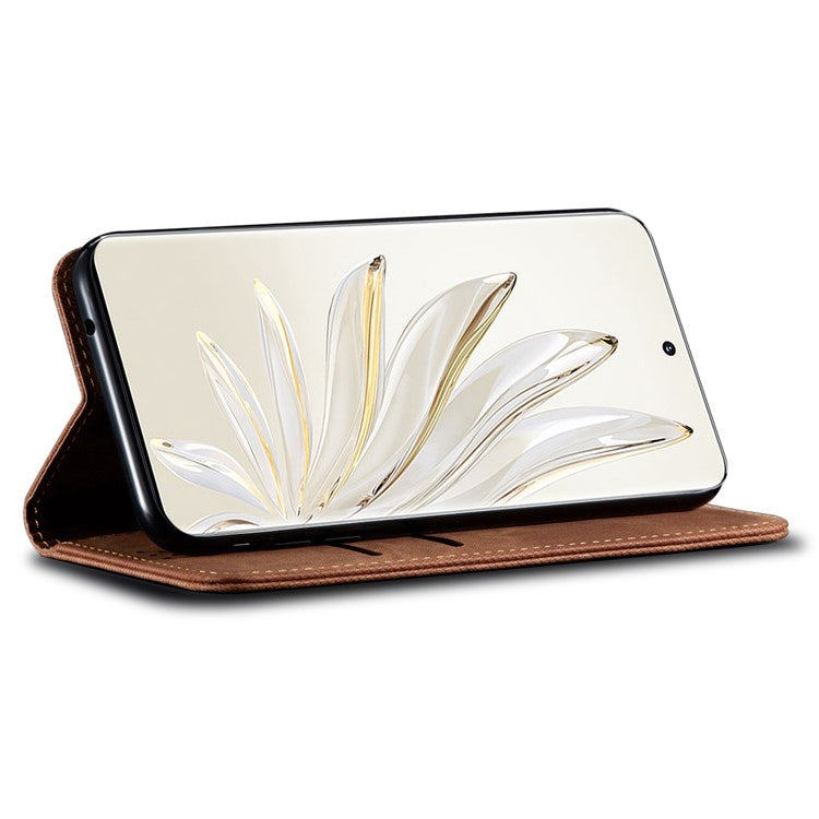 For Honor 70 5G Shockproof Phone Case Jeans Cloth Texture PU Leather Auto Magnetic Closed Flip Wallet Stand Cover - Coffee