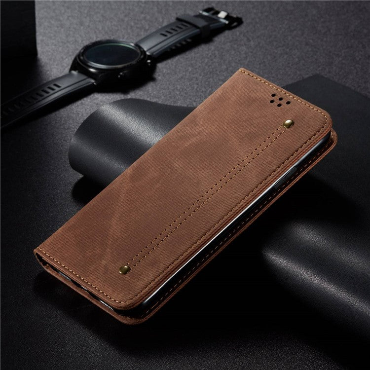 For Honor 70 5G Shockproof Phone Case Jeans Cloth Texture PU Leather Auto Magnetic Closed Flip Wallet Stand Cover - Coffee