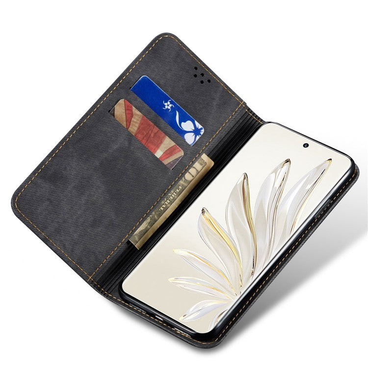 For Honor 70 5G Shockproof Phone Case Jeans Cloth Texture PU Leather Auto Magnetic Closed Flip Wallet Stand Cover - Black