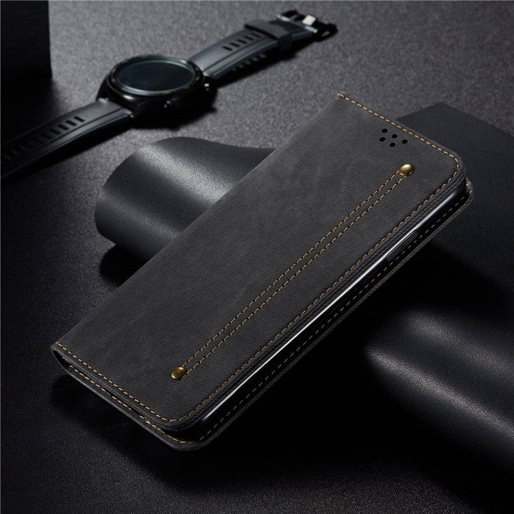 For Honor 70 5G Shockproof Phone Case Jeans Cloth Texture PU Leather Auto Magnetic Closed Flip Wallet Stand Cover - Black