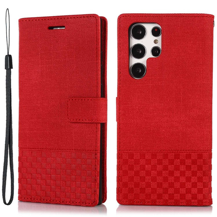 For Samsung Galaxy S22 Ultra 5G Anti-wear Cloth Texture PU Leather Magnetic Case Stand Wallet RFID Blocking Cell Phone Cover - Red