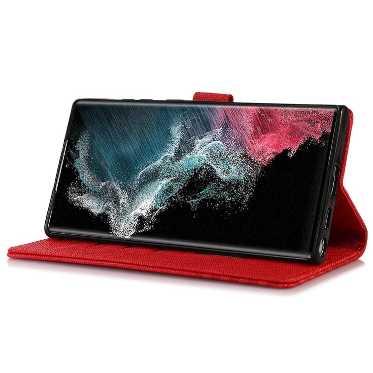 For Samsung Galaxy S22 Ultra 5G Anti-wear Cloth Texture PU Leather Magnetic Case Stand Wallet RFID Blocking Cell Phone Cover - Red