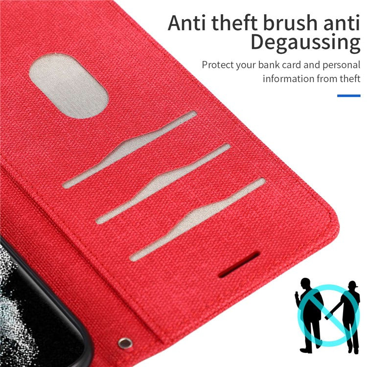 For Samsung Galaxy S22 Ultra 5G Anti-wear Cloth Texture PU Leather Magnetic Case Stand Wallet RFID Blocking Cell Phone Cover - Red