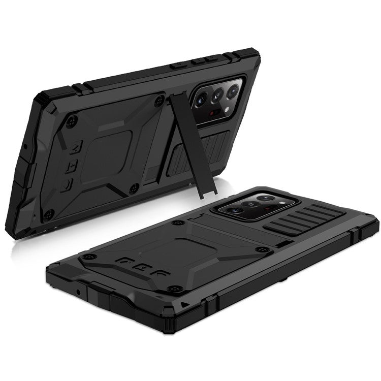 R-JUST For Samsung Galaxy Note20 Ultra / Note20 Ultra 5G Metal + Silicone + PC Kickstand Case Dust-proof Anti-drop Cover with Tempered Glass Film - Black