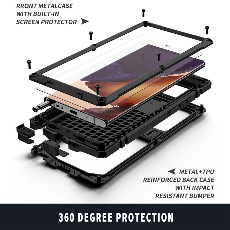 R-JUST For Samsung Galaxy Note20 Ultra / Note20 Ultra 5G Metal + Silicone + PC Kickstand Case Dust-proof Anti-drop Cover with Tempered Glass Film - Black