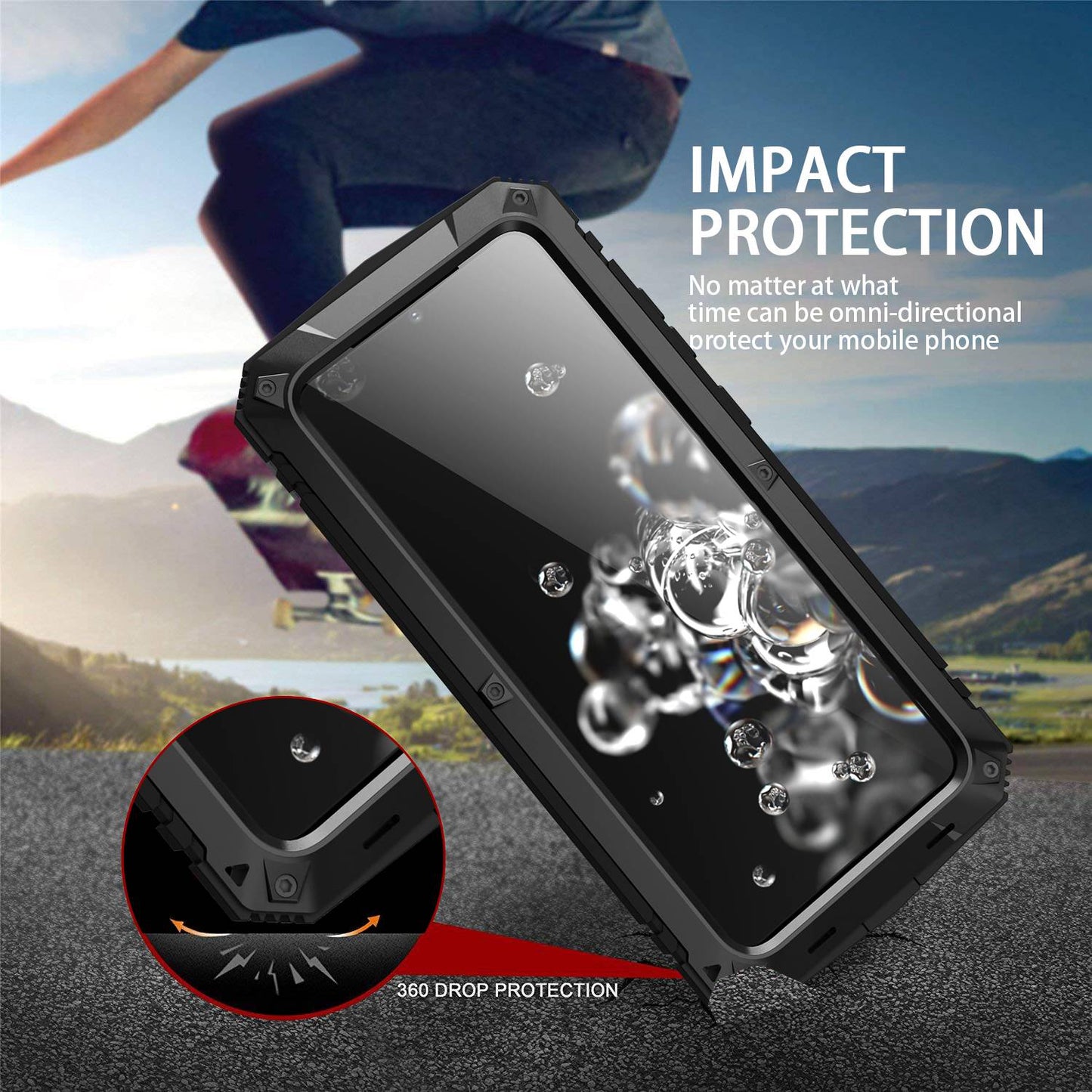 R-JUST For Samsung Galaxy S20 Ultra Metal + Silicone + PC Phone Case Kickstand Full Cover Shell with Tempered Glass Film - Black