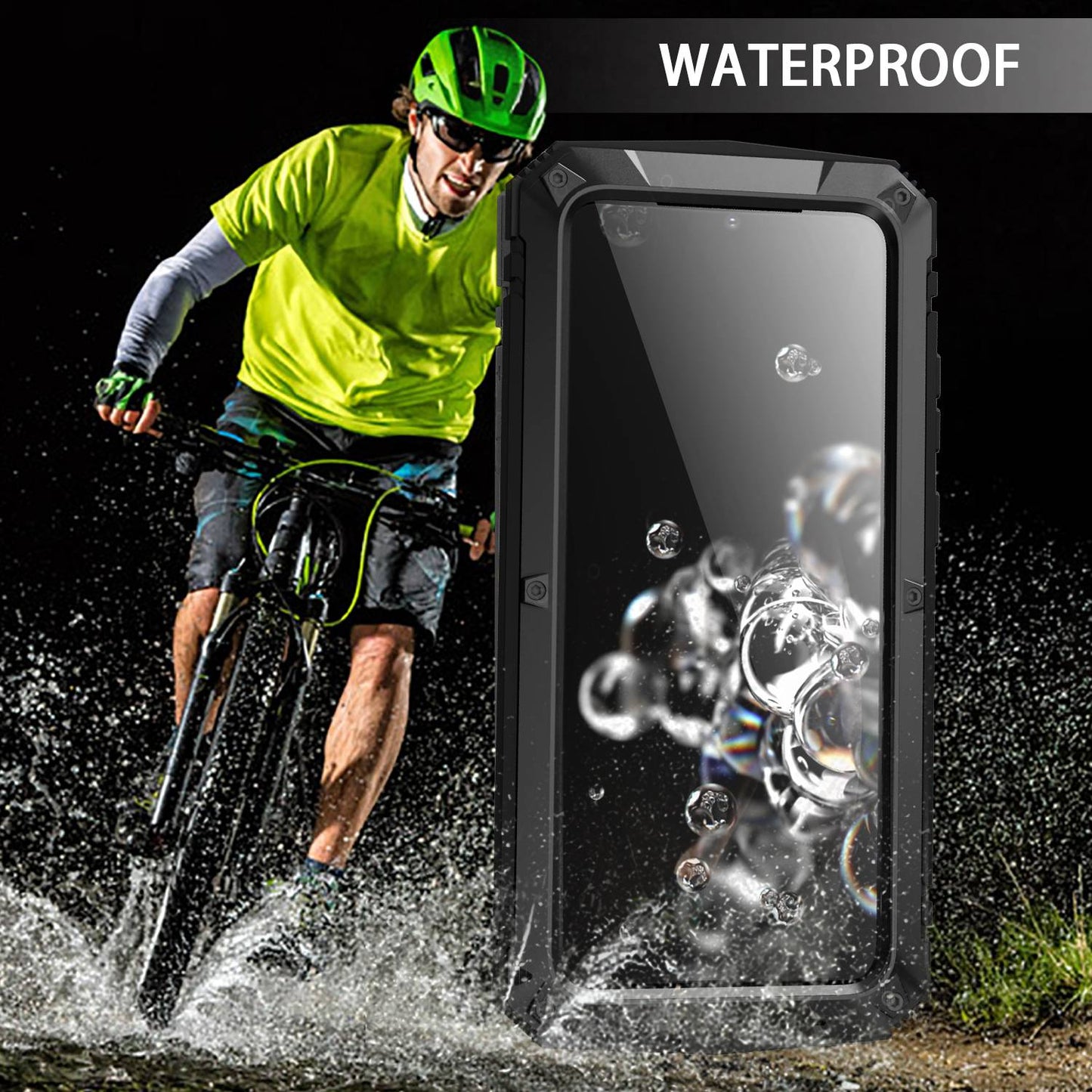 R-JUST For Samsung Galaxy S20 Ultra Metal + Silicone + PC Phone Case Kickstand Full Cover Shell with Tempered Glass Film - Black