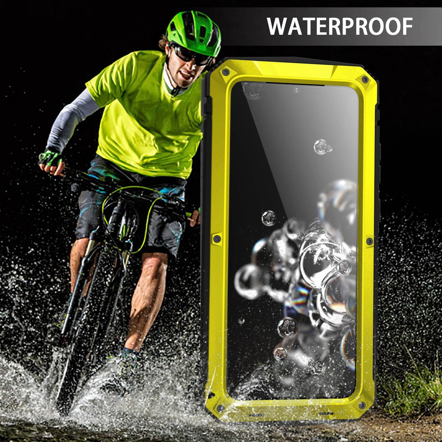 R-JUST For Samsung Galaxy S20 Ultra Metal + Silicone + PC Phone Case Kickstand Full Cover Shell with Tempered Glass Film - Yellow