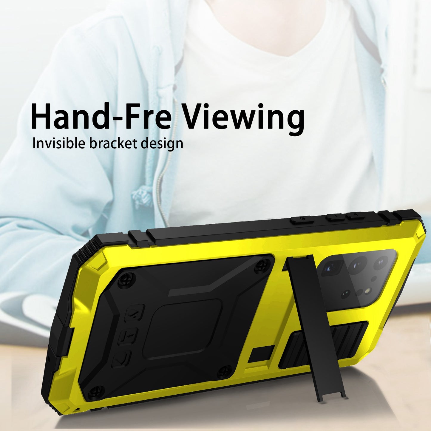 R-JUST For Samsung Galaxy S20 Ultra Metal + Silicone + PC Phone Case Kickstand Full Cover Shell with Tempered Glass Film - Yellow