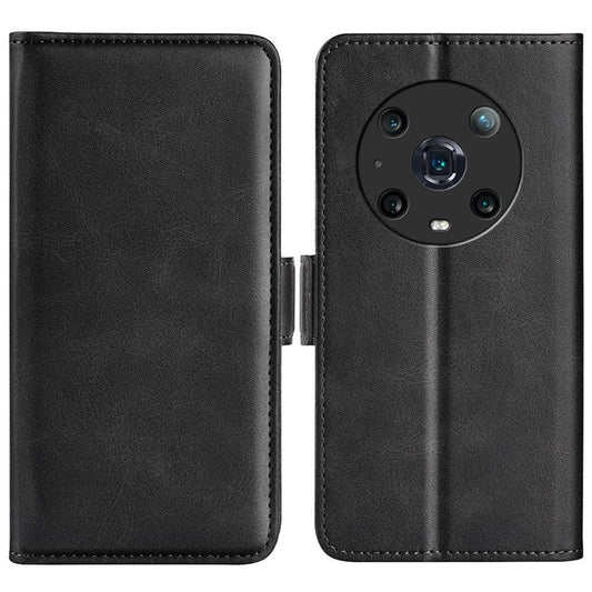 For Honor Magic4 Pro 5G Double Magnetic Clasp Folio Flip Phone Case Textured PU Leather Stand Wallet Cover - Black