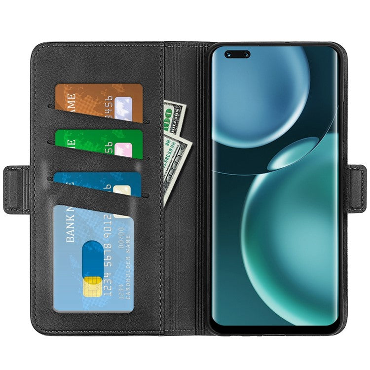 For Honor Magic4 Pro 5G Double Magnetic Clasp Folio Flip Phone Case Textured PU Leather Stand Wallet Cover - Black