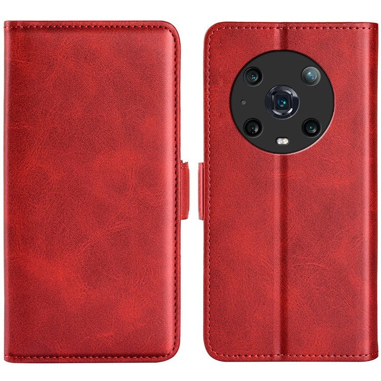 For Honor Magic4 Pro 5G Double Magnetic Clasp Folio Flip Phone Case Textured PU Leather Stand Wallet Cover - Red