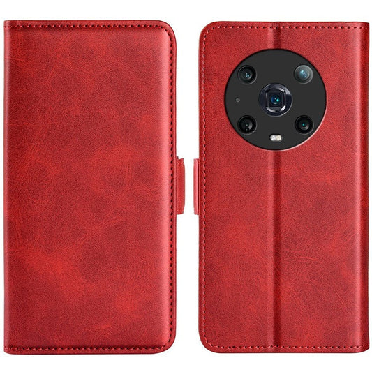 For Honor Magic4 Pro 5G Double Magnetic Clasp Folio Flip Phone Case Textured PU Leather Stand Wallet Cover - Red