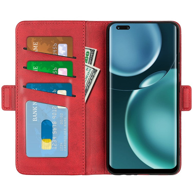 For Honor Magic4 Pro 5G Double Magnetic Clasp Folio Flip Phone Case Textured PU Leather Stand Wallet Cover - Red