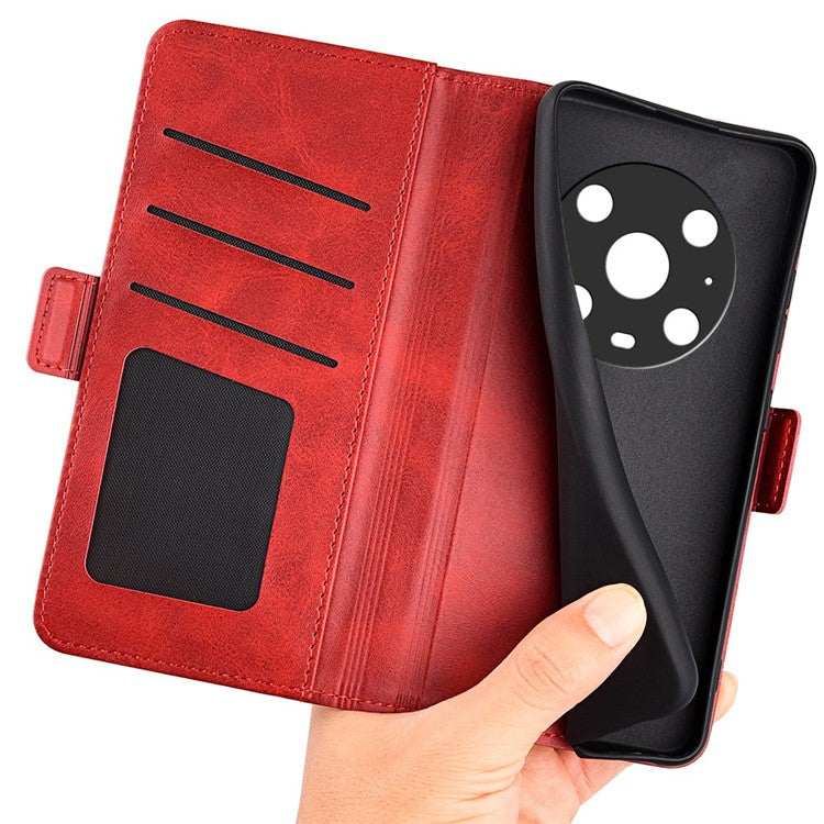 For Honor Magic4 Pro 5G Double Magnetic Clasp Folio Flip Phone Case Textured PU Leather Stand Wallet Cover - Red