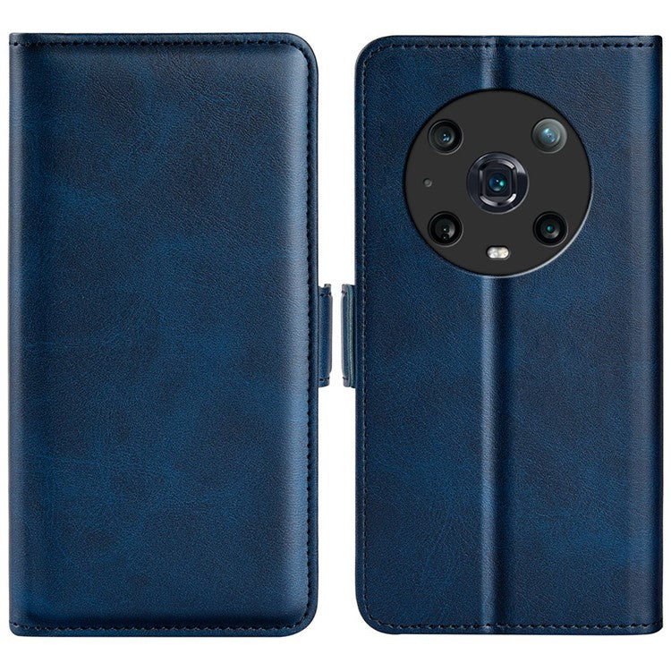 For Honor Magic4 Pro 5G Double Magnetic Clasp Folio Flip Phone Case Textured PU Leather Stand Wallet Cover - Blue