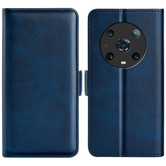 For Honor Magic4 Pro 5G Double Magnetic Clasp Folio Flip Phone Case Textured PU Leather Stand Wallet Cover - Blue