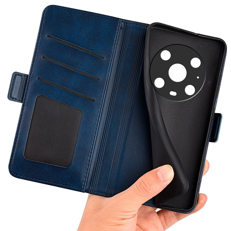 For Honor Magic4 Pro 5G Double Magnetic Clasp Folio Flip Phone Case Textured PU Leather Stand Wallet Cover - Blue