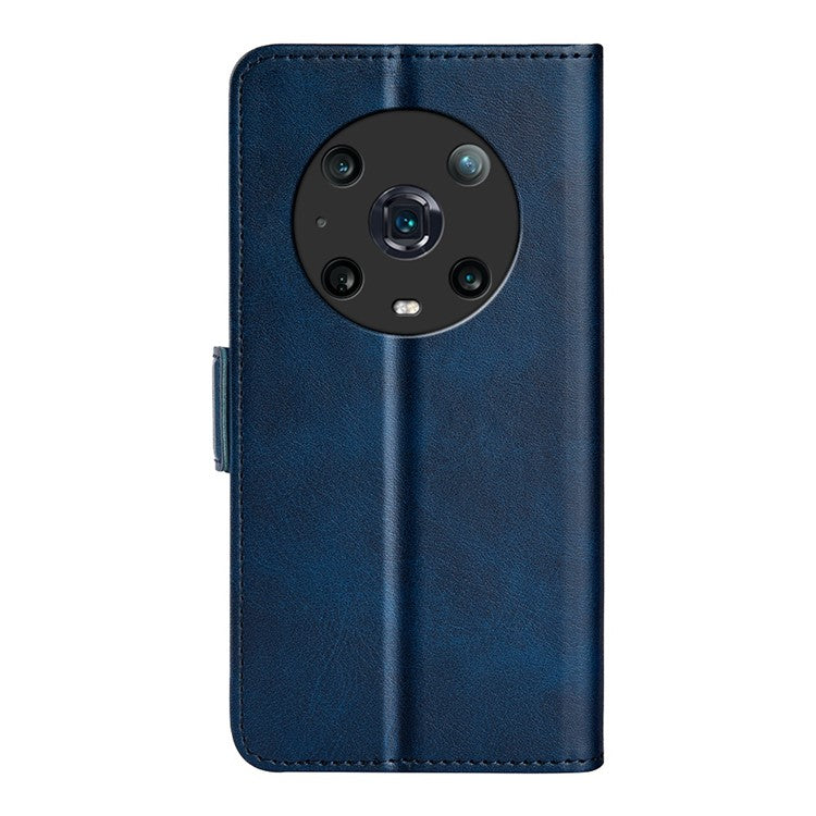 For Honor Magic4 Pro 5G Double Magnetic Clasp Folio Flip Phone Case Textured PU Leather Stand Wallet Cover - Blue