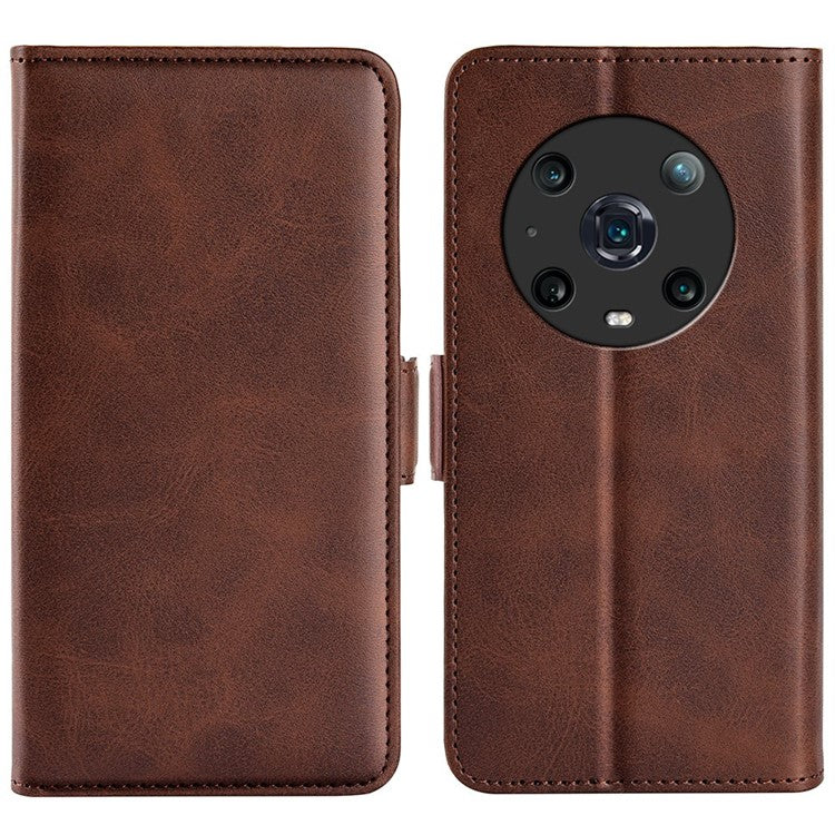 For Honor Magic4 Pro 5G Double Magnetic Clasp Folio Flip Phone Case Textured PU Leather Stand Wallet Cover - Brown