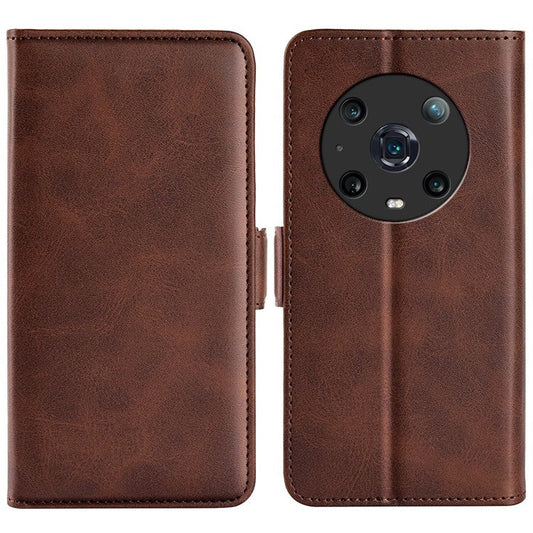 For Honor Magic4 Pro 5G Double Magnetic Clasp Folio Flip Phone Case Textured PU Leather Stand Wallet Cover - Brown
