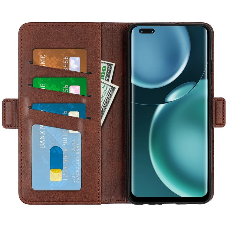 For Honor Magic4 Pro 5G Double Magnetic Clasp Folio Flip Phone Case Textured PU Leather Stand Wallet Cover - Brown
