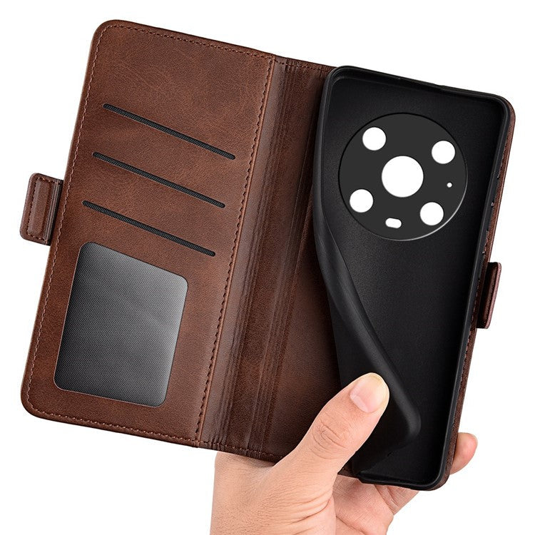 For Honor Magic4 Pro 5G Double Magnetic Clasp Folio Flip Phone Case Textured PU Leather Stand Wallet Cover - Brown