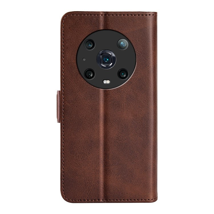 For Honor Magic4 Pro 5G Double Magnetic Clasp Folio Flip Phone Case Textured PU Leather Stand Wallet Cover - Brown