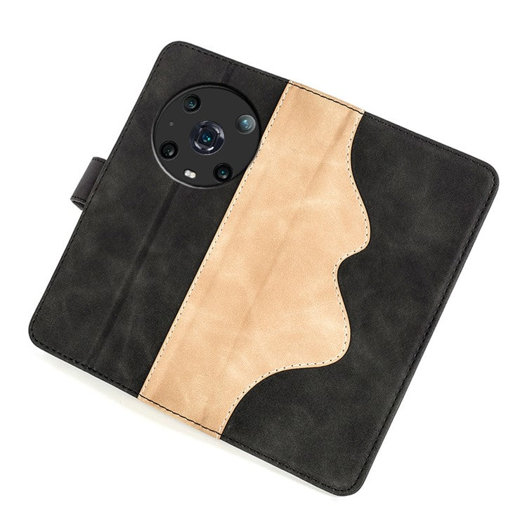 For Honor Magic4 Pro 5G Color Splicing Phone Case Foldable Stand PU Leather Shockproof Wallet Cover - Black