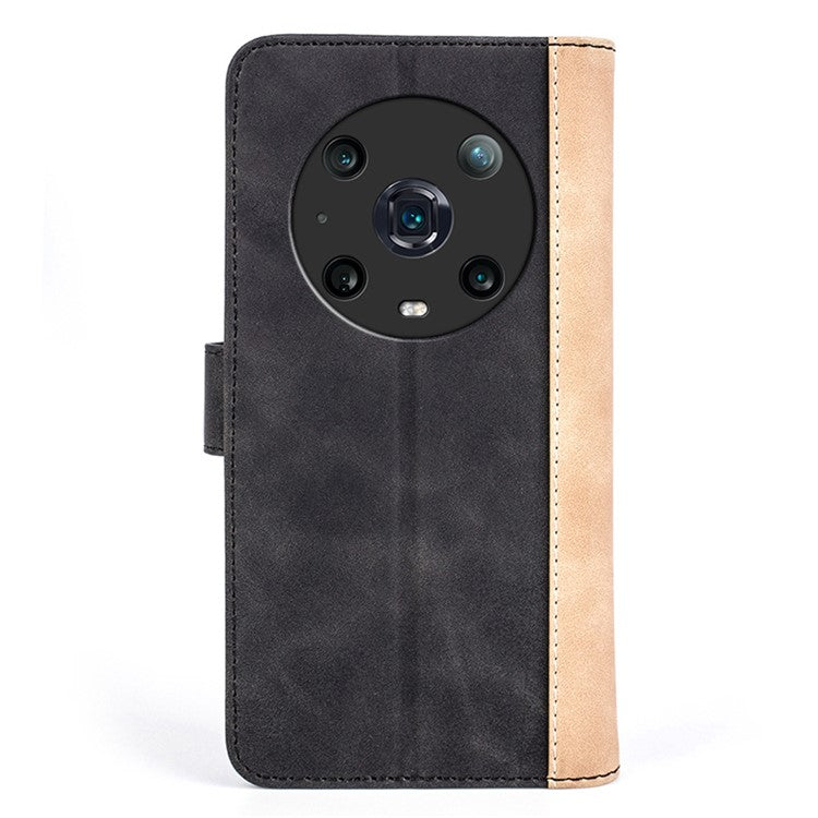 For Honor Magic4 Pro 5G Color Splicing Phone Case Foldable Stand PU Leather Shockproof Wallet Cover - Black