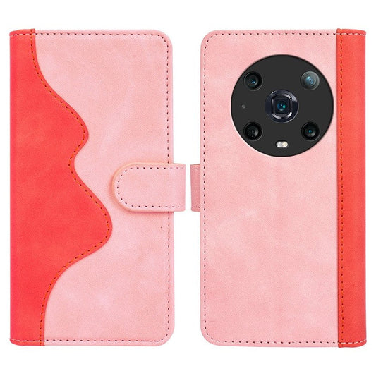 For Honor Magic4 Pro 5G Color Splicing Phone Case Foldable Stand PU Leather Shockproof Wallet Cover - Pink