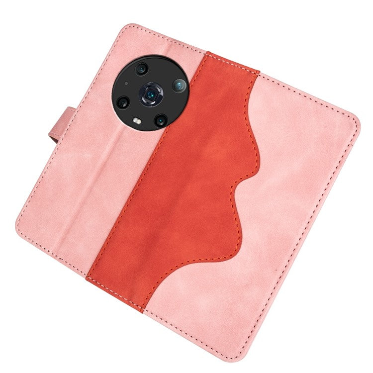 For Honor Magic4 Pro 5G Color Splicing Phone Case Foldable Stand PU Leather Shockproof Wallet Cover - Pink