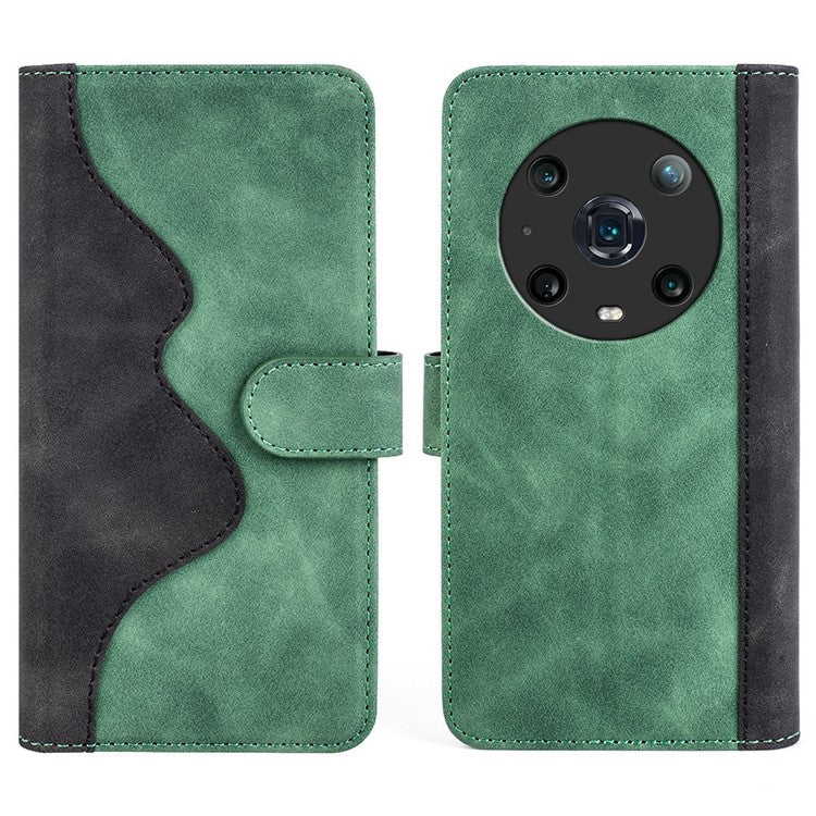 For Honor Magic4 Pro 5G Color Splicing Phone Case Foldable Stand PU Leather Shockproof Wallet Cover - Green