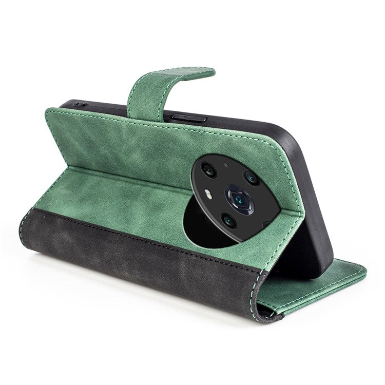 For Honor Magic4 Pro 5G Color Splicing Phone Case Foldable Stand PU Leather Shockproof Wallet Cover - Green
