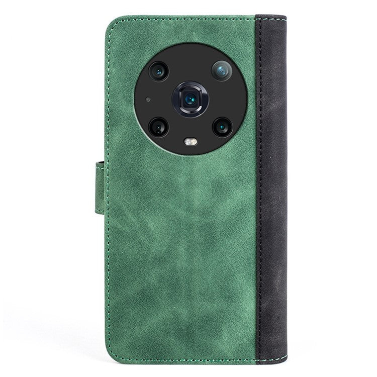 For Honor Magic4 Pro 5G Color Splicing Phone Case Foldable Stand PU Leather Shockproof Wallet Cover - Green