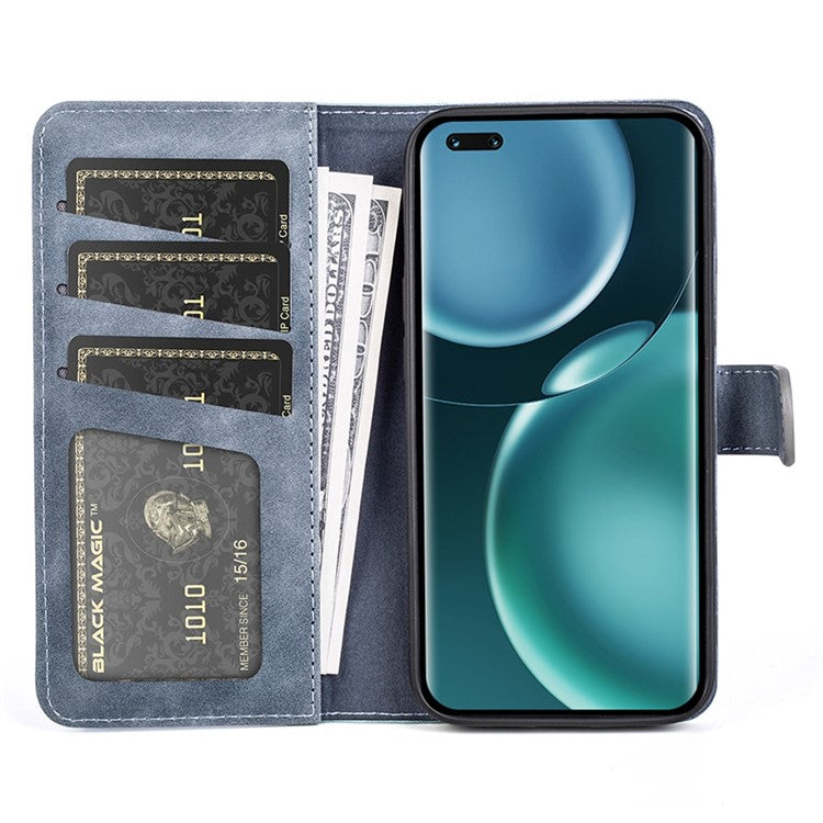 For Honor Magic4 Pro 5G Color Splicing Phone Case Foldable Stand PU Leather Shockproof Wallet Cover - Blue