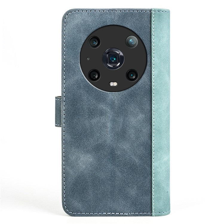 For Honor Magic4 Pro 5G Color Splicing Phone Case Foldable Stand PU Leather Shockproof Wallet Cover - Blue